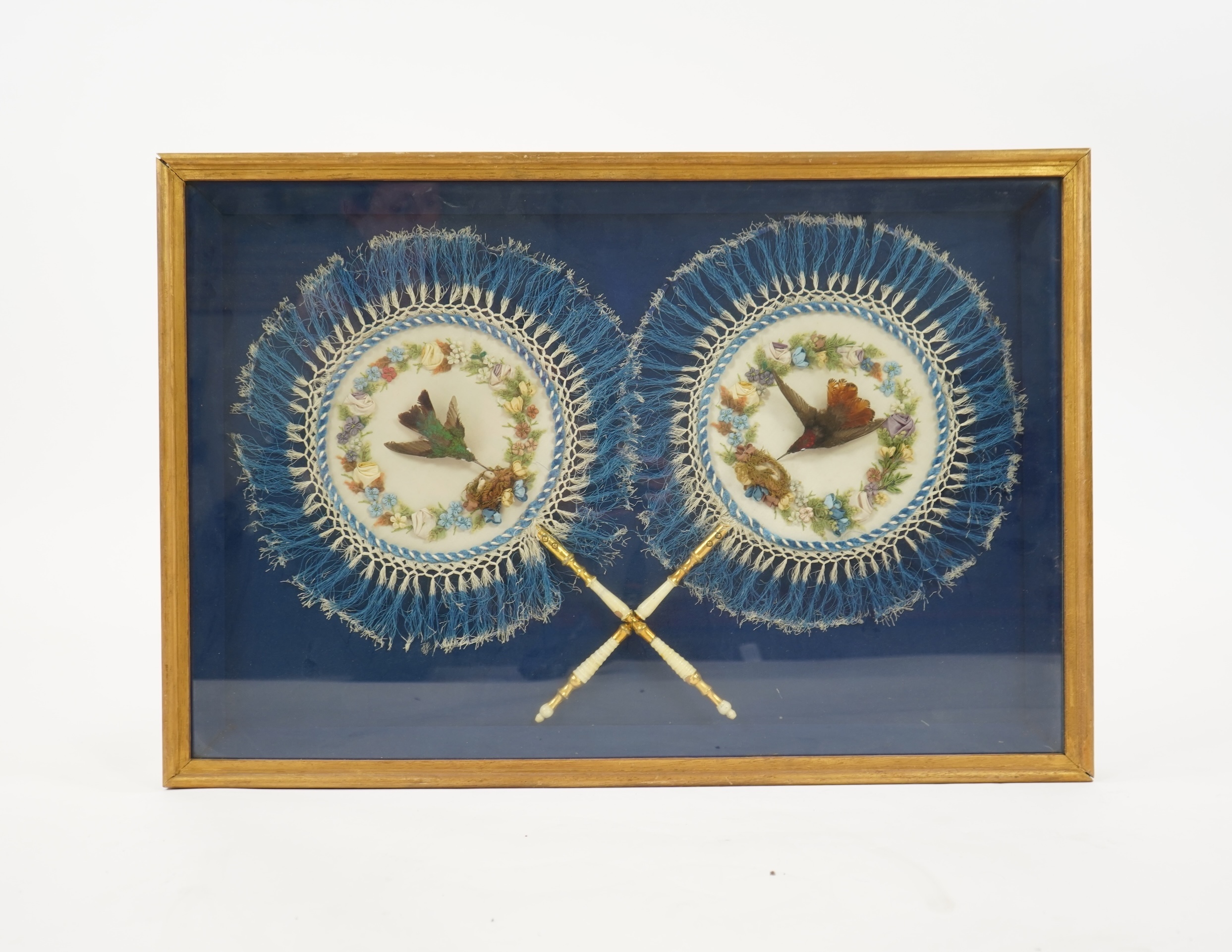 A pair of framed exotic Regency taxidermy hummingbird face fans
